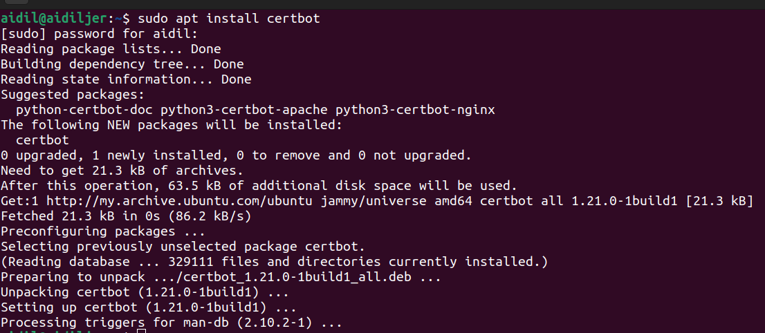 Screenshot after installing certbot